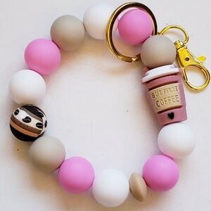Handmade But First Coffee Bean Silicone Focal Bead Wristlet Keychain Bracelet